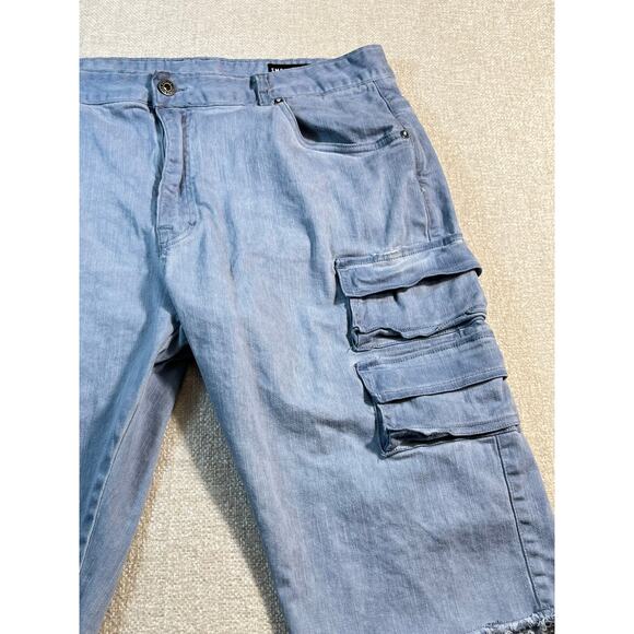 Smoke Rise Men’s 38 Blue Dusty Utility Cargo Denim Shorts Raw Hem Streetwear - Picture 9 of 10